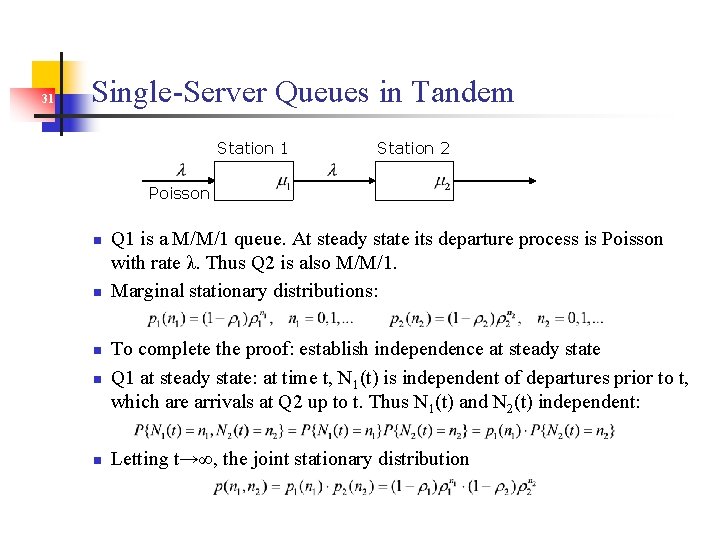 31 Single-Server Queues in Tandem Station 1 Station 2 Poisson n n Q 1