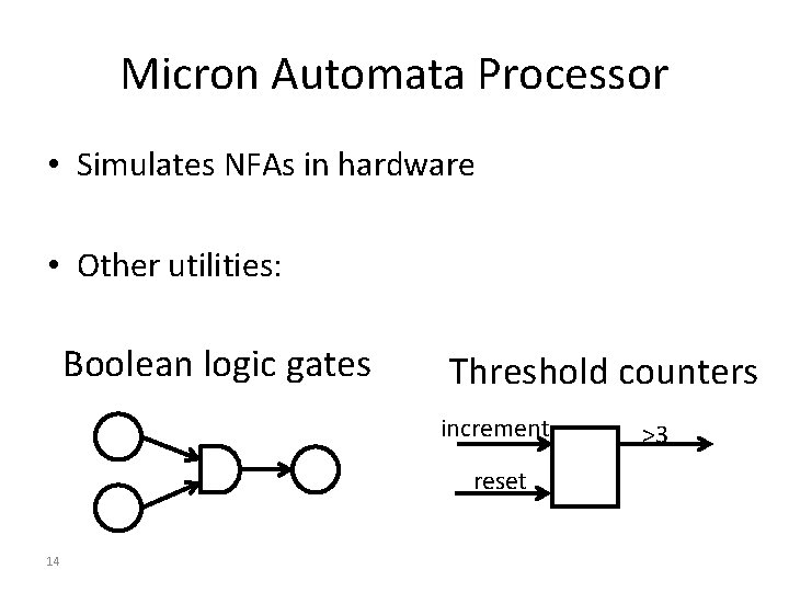 Micron Automata Processor • Simulates NFAs in hardware • Other utilities: Boolean logic gates