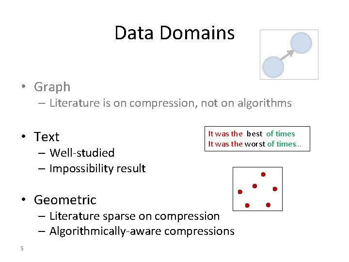 Data Domains • Graph – Literature is on compression, not on algorithms • Text