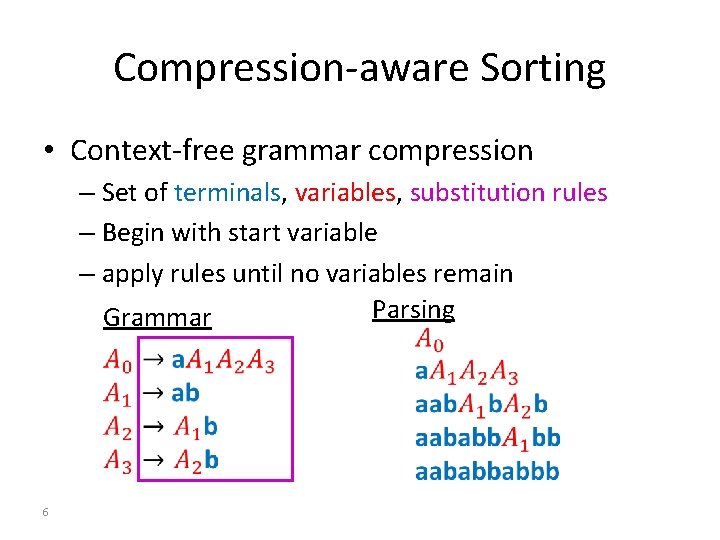 Compression-aware Sorting • Context-free grammar compression – Set of terminals, variables, substitution rules –