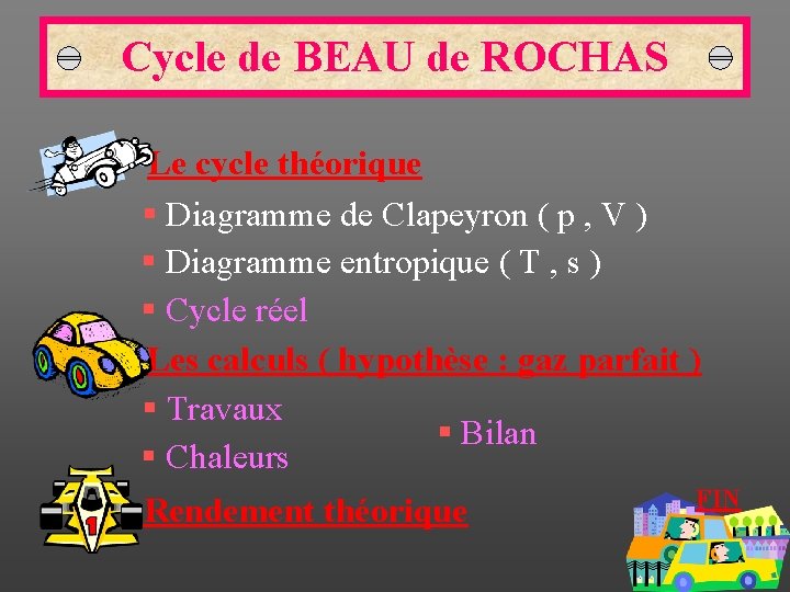 Cycle de BEAU de ROCHAS Le cycle théorique § Diagramme de Clapeyron ( p