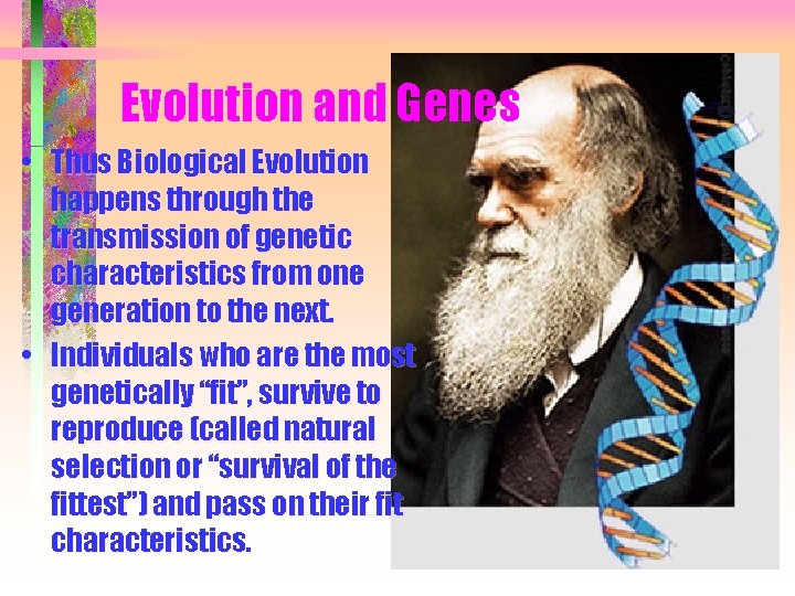 Evolution and Genes • Thus Biological Evolution happens through the transmission of genetic characteristics