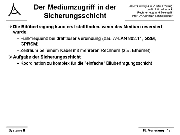 Der Mediumzugriff in der Sicherungsschicht Albert-Ludwigs-Universität Freiburg Institut für Informatik Rechnernetze und Telematik Prof.