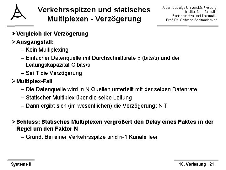 Verkehrsspitzen und statisches Multiplexen - Verzögerung Albert-Ludwigs-Universität Freiburg Institut für Informatik Rechnernetze und Telematik