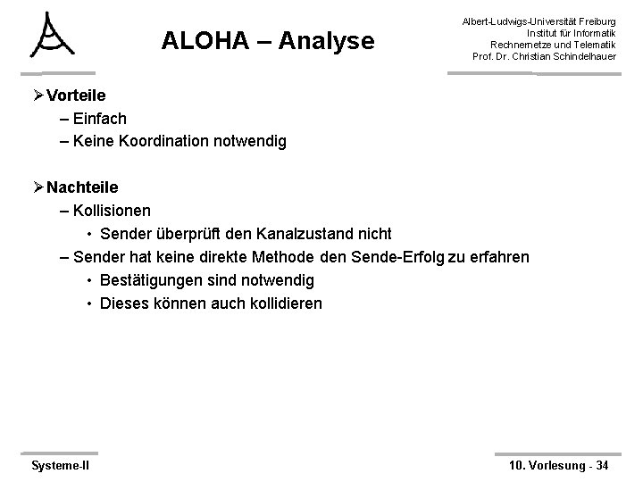ALOHA – Analyse Albert-Ludwigs-Universität Freiburg Institut für Informatik Rechnernetze und Telematik Prof. Dr. Christian