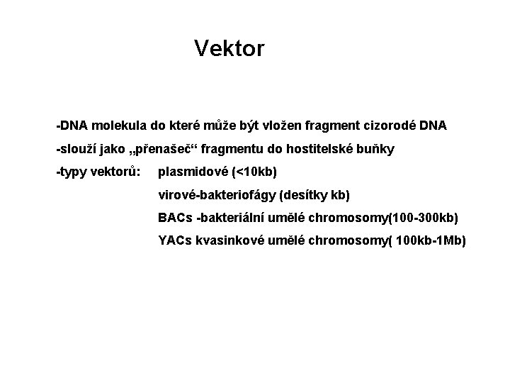 Vektor -DNA molekula do které může být vložen fragment cizorodé DNA -slouží jako „přenašeč“