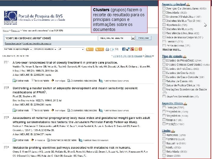 Clusters (grupos) fazem o recorte do resultado para os principais campos e informações sobre