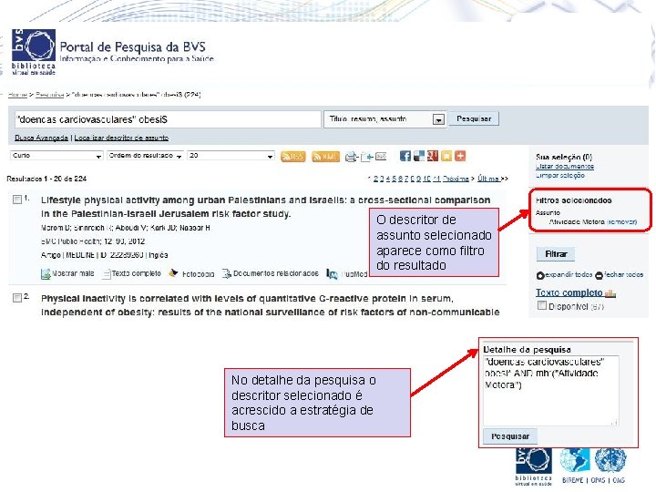 O descritor de assunto selecionado aparece como filtro do resultado No detalhe da pesquisa