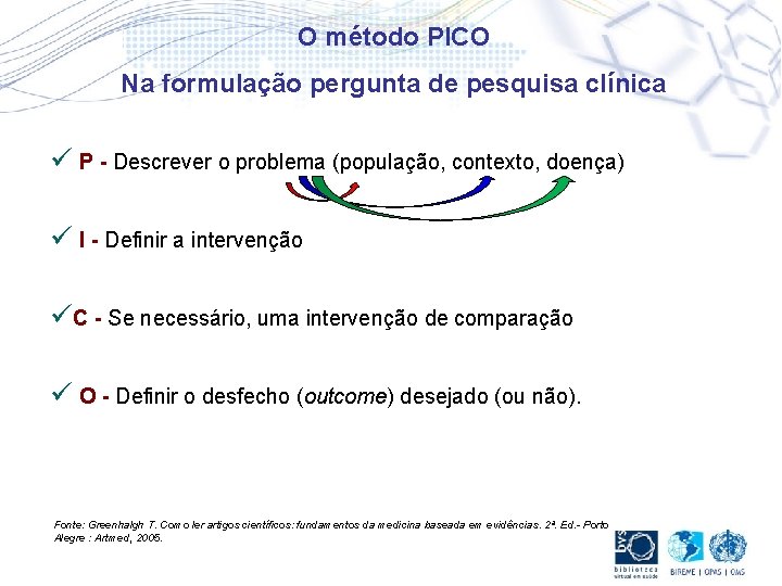 O método PICO Na formulação pergunta de pesquisa clínica ü P - Descrever o