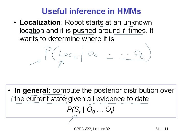 Useful inference in HMMs • Localization: Robot starts at an unknown location and it