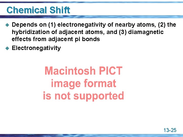 Chemical Shift u u Depends on (1) electronegativity of nearby atoms, (2) the hybridization