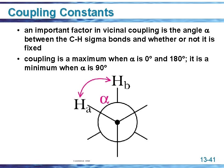 Coupling Constants • an important factor in vicinal coupling is the angle a between