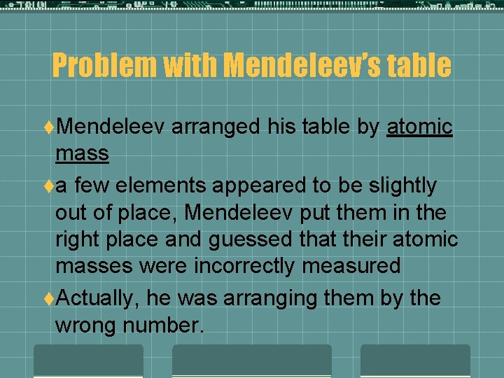 Problem with Mendeleev’s table t. Mendeleev arranged his table by atomic mass ta few