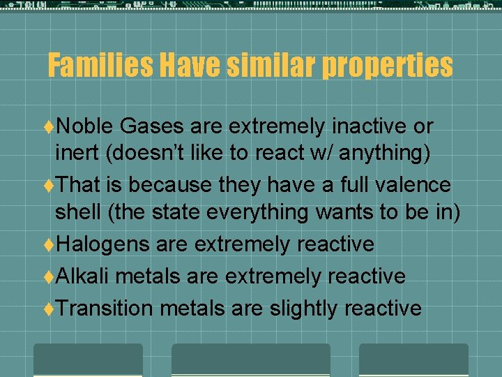 Families Have similar properties t. Noble Gases are extremely inactive or inert (doesn’t like