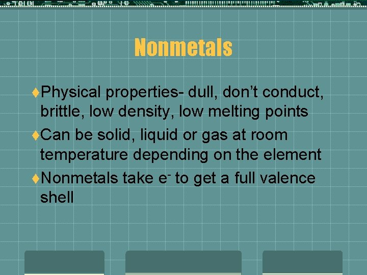 Nonmetals t. Physical properties- dull, don’t conduct, brittle, low density, low melting points t.