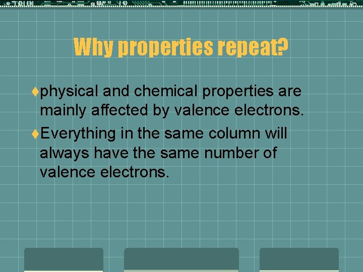 Why properties repeat? tphysical and chemical properties are mainly affected by valence electrons. t.