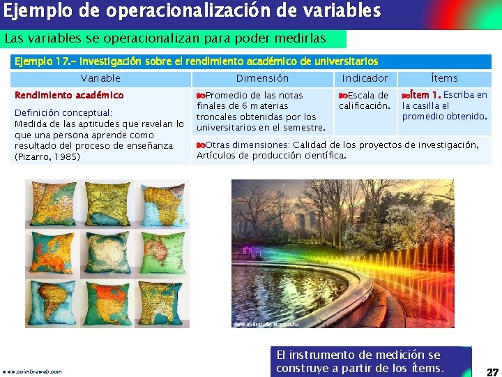 Ejemplo de operacionalización de variables Las variables se operacionalizan para poder medirlas Ejemplo 17.