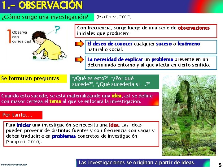 1. - OBSERVACIÓN ¿Cómo surge una investigación? (Martínez, 2012) Con frecuencia, surge luego de