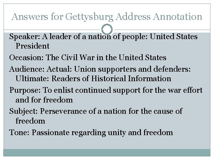 Answers for Gettysburg Address Annotation Speaker: A leader of a nation of people: United