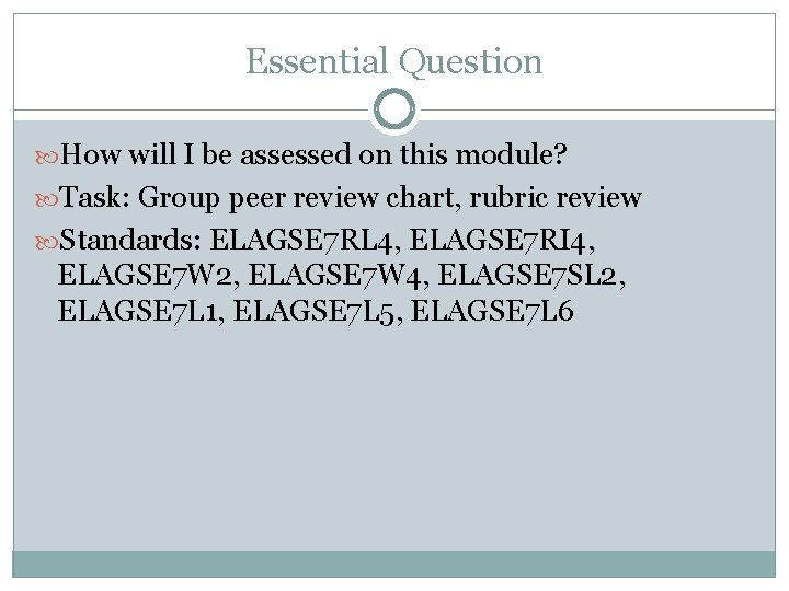 Essential Question How will I be assessed on this module? Task: Group peer review