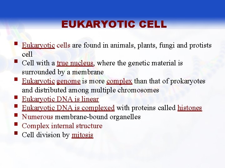 EUKARYOTIC CELL § Eukaryotic cells are found in animals, plants, fungi and protists §