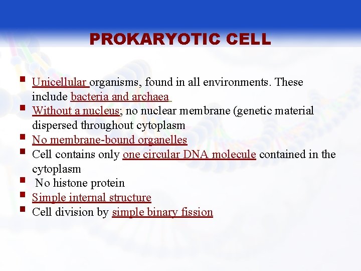 PROKARYOTIC CELL § Unicellular organisms, found in all environments. These § § § include