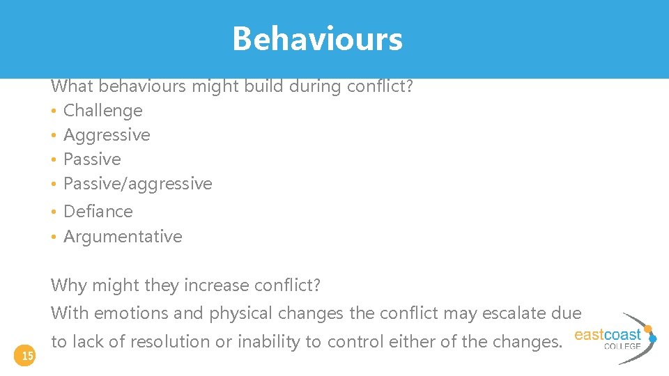 Behaviours What behaviours might build during conflict? • Challenge • Aggressive • Passive/aggressive •