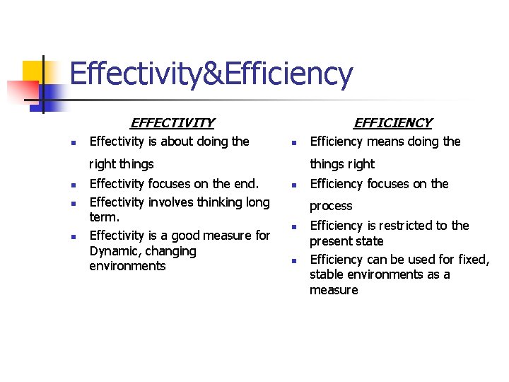 Effectivity&Efficiency EFFECTIVITY n Effectivity is about doing the EFFICIENCY n right things n n