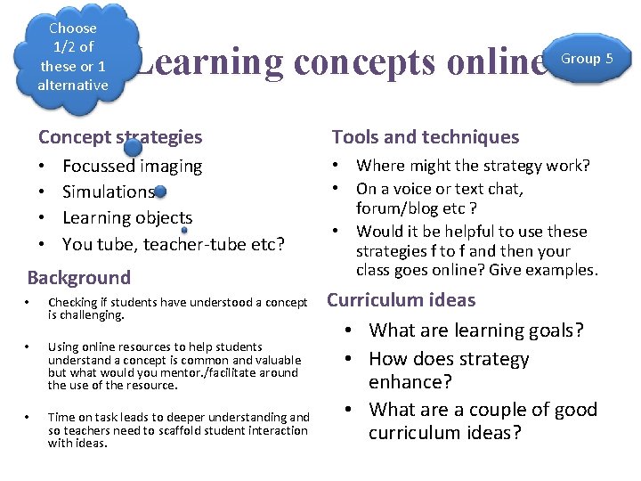 Choose 1/2 of these or 1 alternative Learning concepts online Group 5 Concept strategies