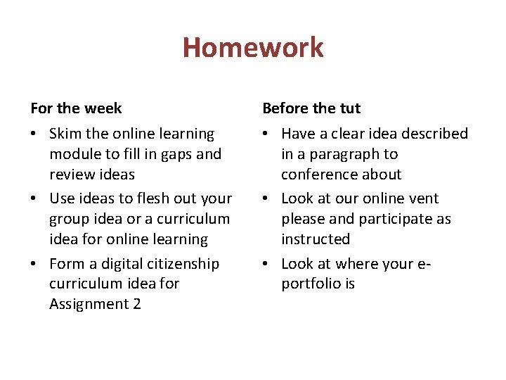 Homework For the week Before the tut • Skim the online learning module to