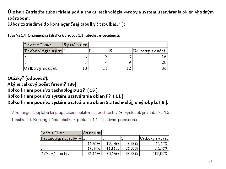 Úloha : Zatrieďte súbor firiem podľa znaku technológia výroby a systém uzatvárania okien vhodným