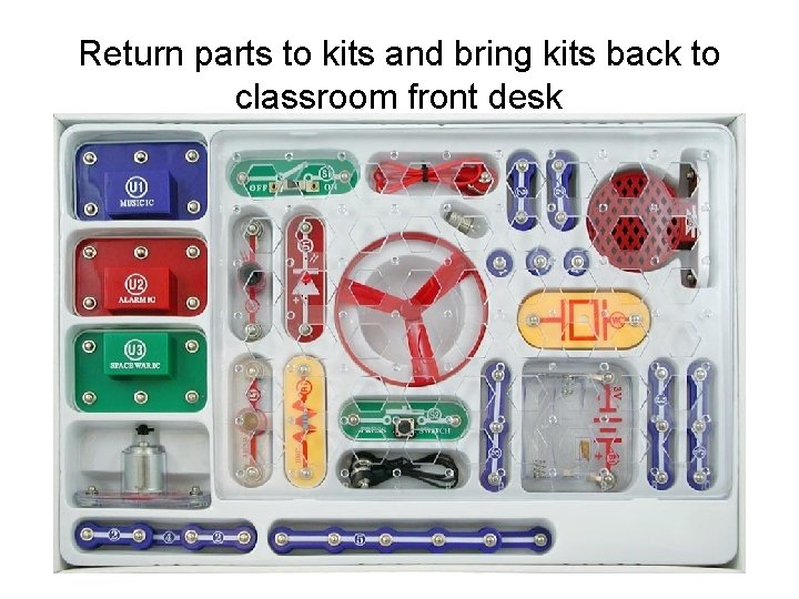 Return parts to kits and bring kits back to classroom front desk 