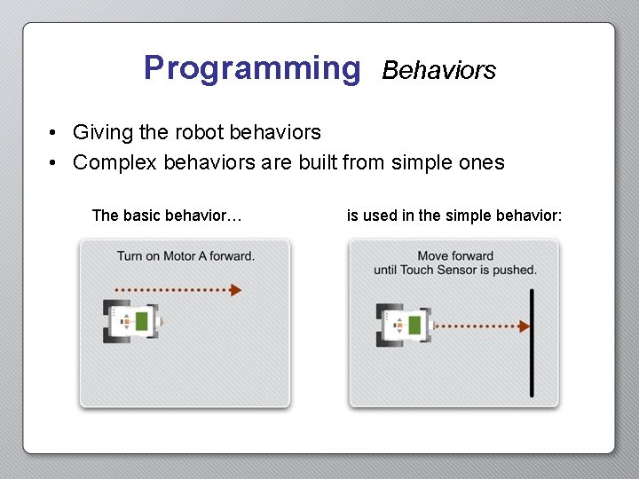 Programming Behaviors • Giving the robot behaviors • Complex behaviors are built from simple