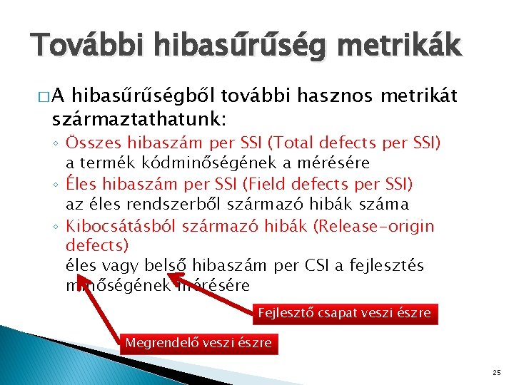 További hibasűrűség metrikák �A hibasűrűségből további hasznos metrikát származtathatunk: ◦ Összes hibaszám per SSI