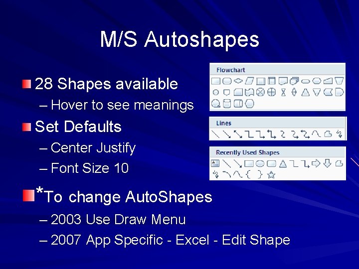 M/S Autoshapes 28 Shapes available – Hover to see meanings Set Defaults – Center