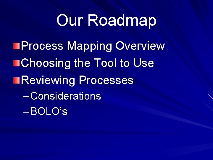 Our Roadmap Process Mapping Overview Choosing the Tool to Use Reviewing Processes – Considerations