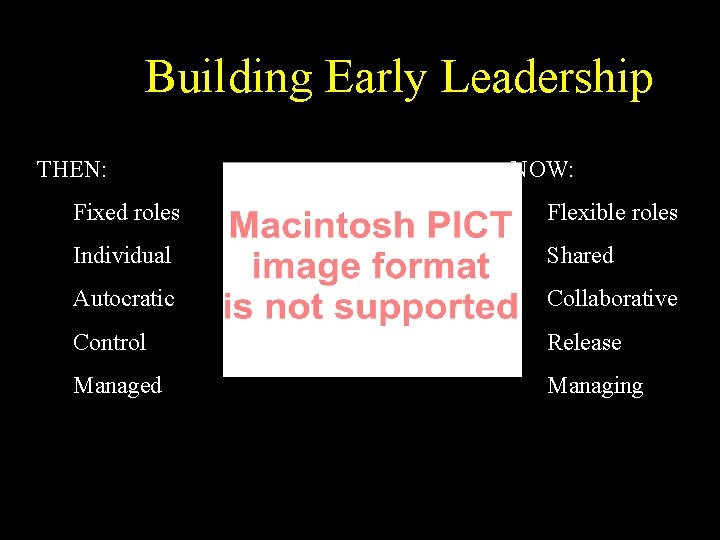 Building Early Leadership THEN: NOW: Fixed roles Flexible roles Individual Shared Autocratic Collaborative Control