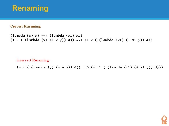 Renaming Correct Renaming: (lambda (x) x) ==> (lambda (x 1) (+ x ( (lambda