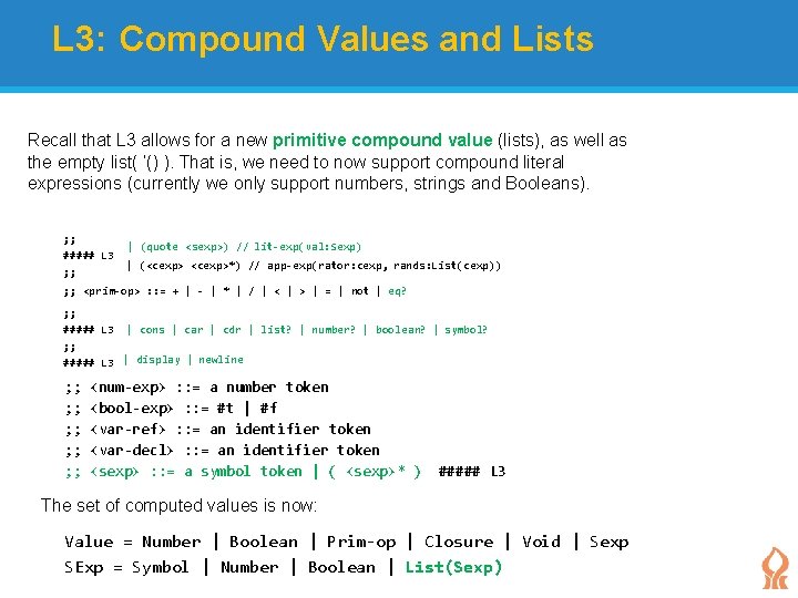 L 3: Compound Values and Lists Recall that L 3 allows for a new