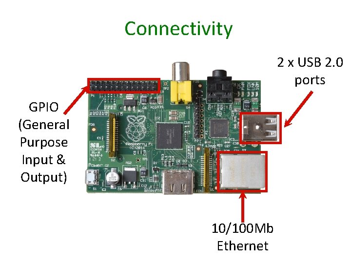 Connectivity 2 x USB 2. 0 ports GPIO (General Purpose Input & Output) 10/100