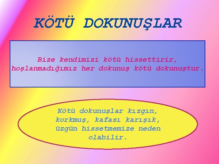 KÖTÜ DOKUNUŞLAR Bize kendimizi kötü hissettirir, hoşlanmadığımız her dokunuş kötü dokunuştur. Kötü dokunuşlar kızgın,