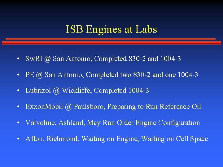 ISB Engines at Labs • Sw. RI @ San Antonio, Completed 830 -2 and