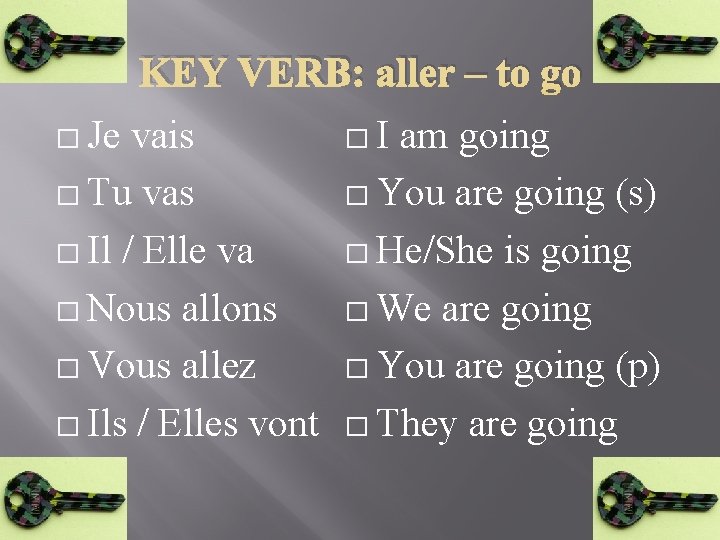 KEY VERB: aller – to go � Je vais � Tu vas � Il