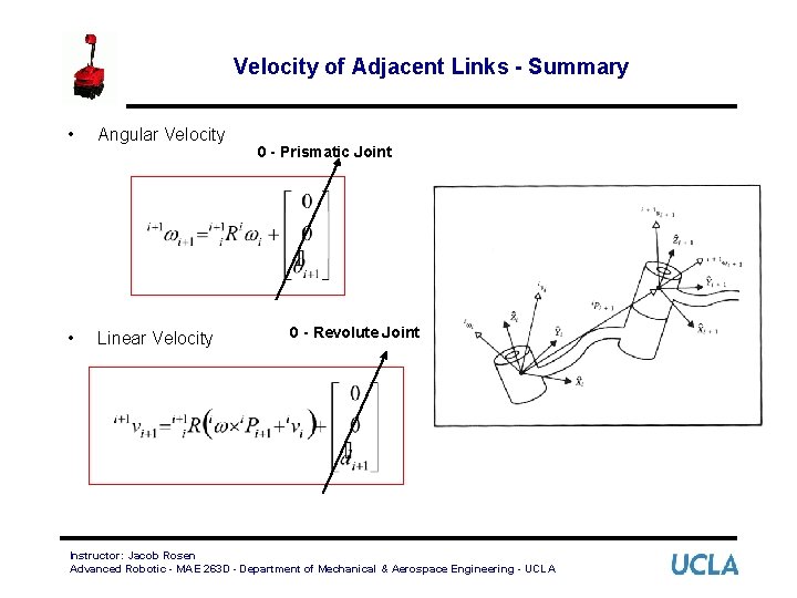 Velocity of Adjacent Links - Summary • Angular Velocity • Linear Velocity 0 -