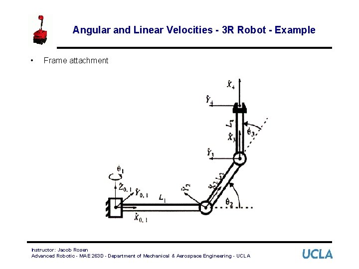 Angular and Linear Velocities - 3 R Robot - Example • Frame attachment Instructor: