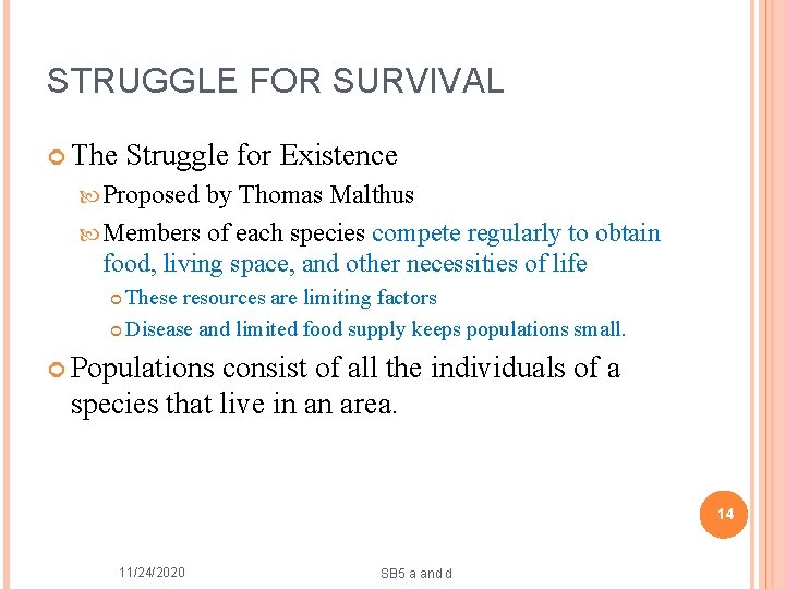 STRUGGLE FOR SURVIVAL The Struggle for Existence Proposed by Thomas Malthus Members of each
