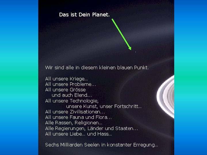 Das ist Dein Planet. Wir sind alle in diesem kleinen blauen Punkt. All All