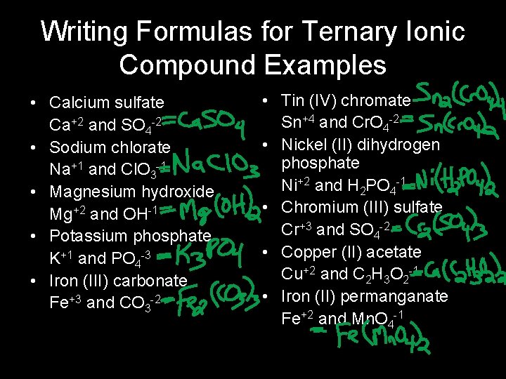 Writing Formulas for Ternary Ionic Compound Examples • Calcium sulfate Ca+2 and SO 4