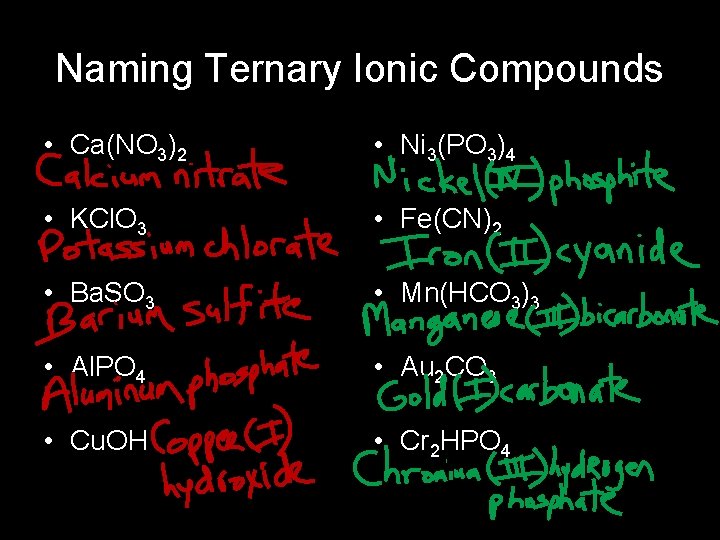 Naming Ternary Ionic Compounds • Ca(NO 3)2 • Ni 3(PO 3)4 • KCl. O
