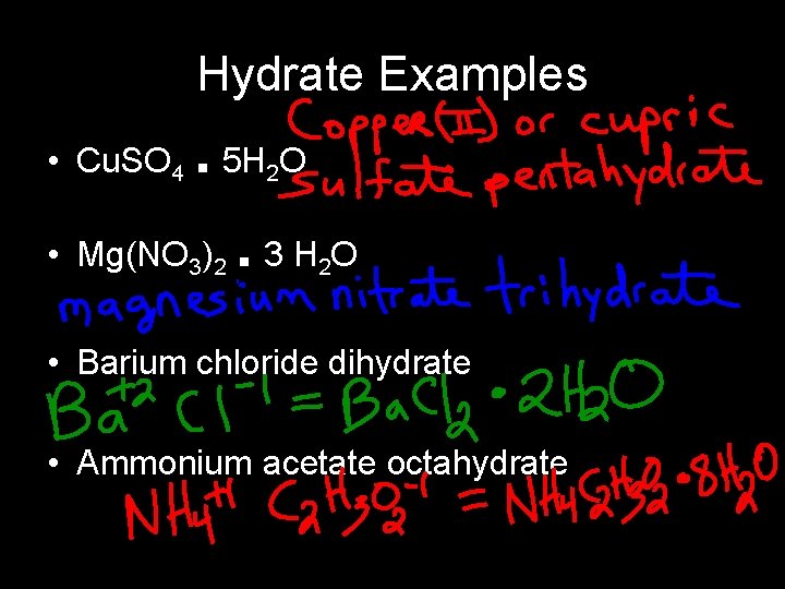 Hydrate Examples . 5 H O • Mg(NO ). 3 H O • Cu.